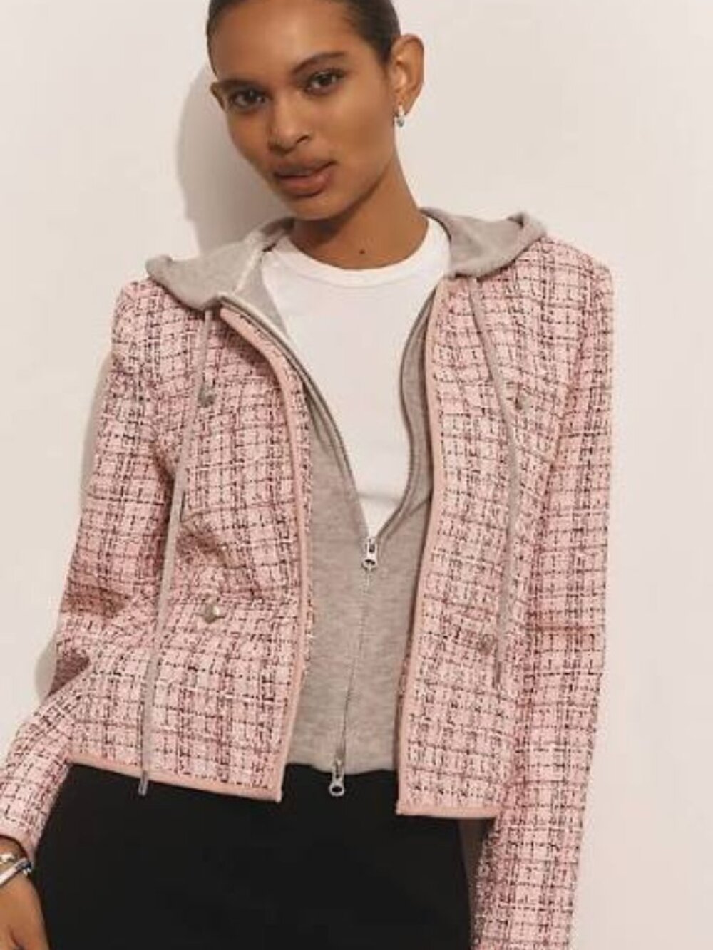Anthropologie NEW Tweed Dickie Pink Plaid Combo Removable Hood Blazer , sz M
